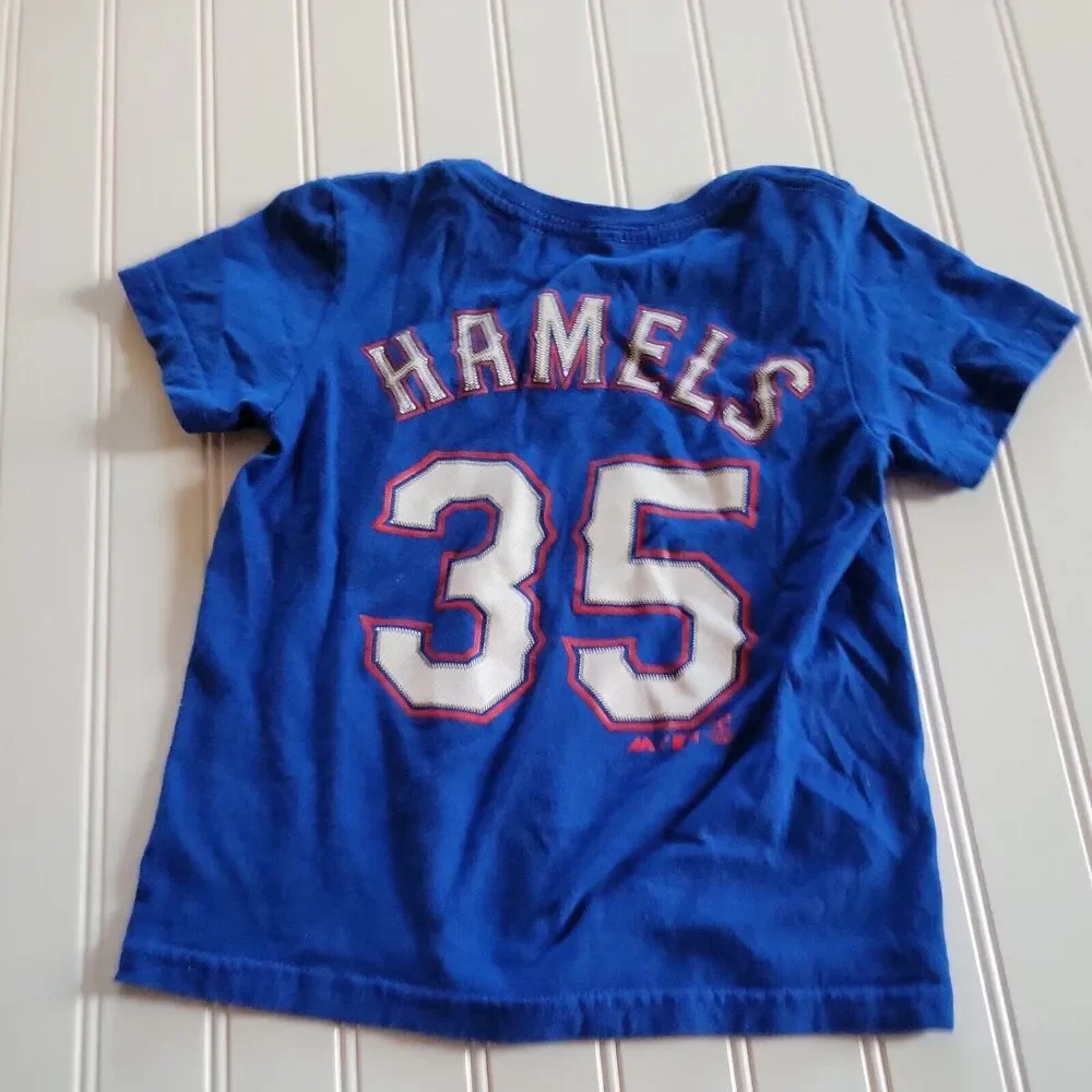 Texas Rangers Shirt Boys 4 Blue Red Crew Neck Short Sleeve Hamels 35 Comfort Top